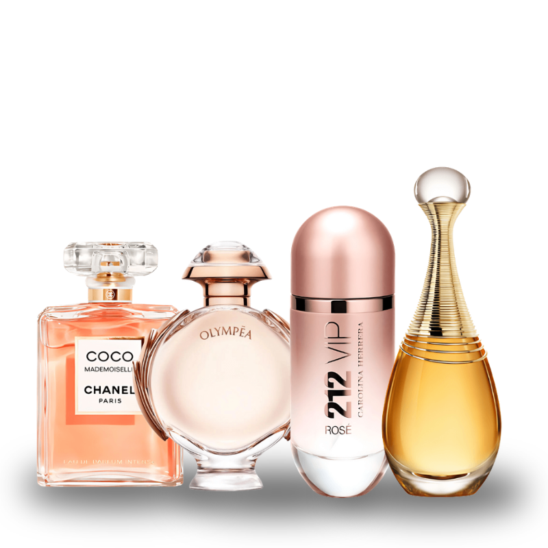 Zestaw 4 perfum: Carolina Herrera 212 VIP ROSÉ, Paco Rabanne OLYMPÉA, Chanel COCO MADEMOISELLE, Dior J'ADORE